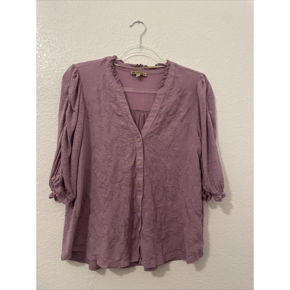 Democracy Women’s Blouse Sz L Embroidered Boho Style Button Up Easter Lilac